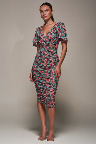 Angel Sleeved Floral Mesh Bodycon Dress, Teal Multi