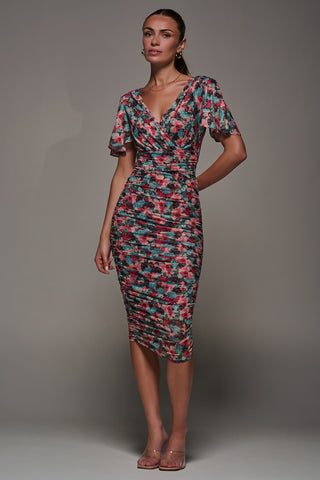 Angel Sleeved Floral Mesh Bodycon Dress, Teal Multi