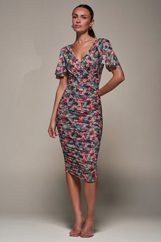 Angel Sleeved Floral Mesh Bodycon Dress, Teal Multi