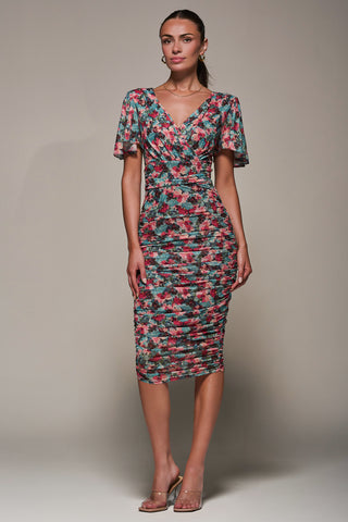 Angel Sleeved Floral Mesh Bodycon Dress, Teal Multi