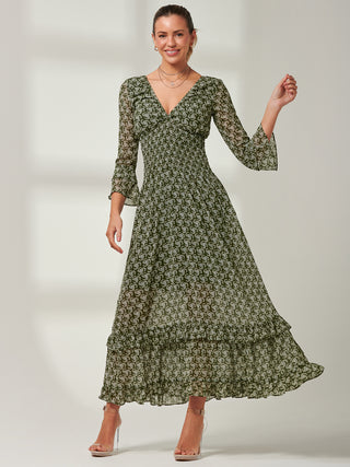 Qaiya Shirred Chiffon Maxi Dress, Green Floral