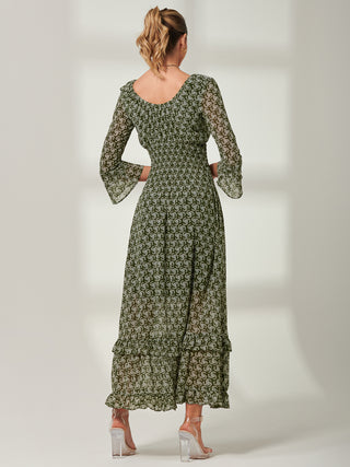 Qaiya Shirred Chiffon Maxi Dress, Green Floral