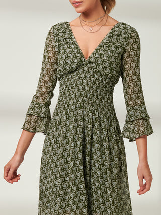 Qaiya Shirred Chiffon Maxi Dress, Green Floral