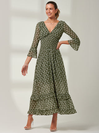 Qaiya Shirred Chiffon Maxi Dress, Green Floral