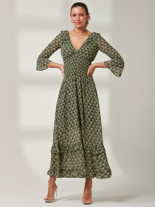 Qaiya Shirred Chiffon Maxi Dress, Green Floral