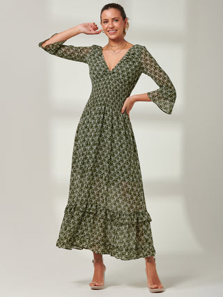 Qaiya Shirred Chiffon Maxi Dress, Green Floral