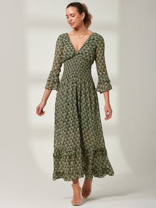 Qaiya Shirred Chiffon Maxi Dress, Green Floral