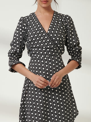 Daphne Puff Sleeve Bodycon Dress, Black Geo