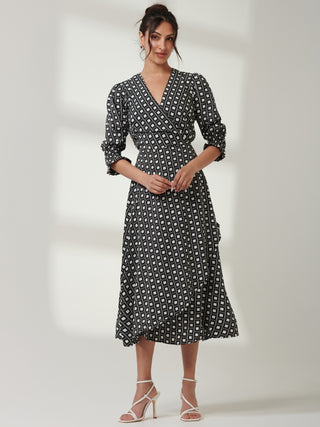 Daphne Puff Sleeve Bodycon Dress, Black Geo