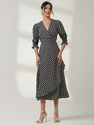 Daphne Puff Sleeve Bodycon Dress, Black Geo