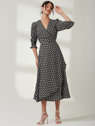 Daphne Puff Sleeve Bodycon Dress, Black Geo