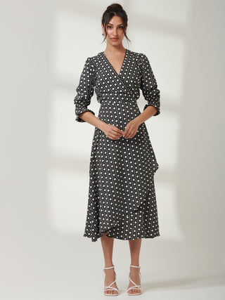 Daphne Puff Sleeve Bodycon Dress, Black Geo