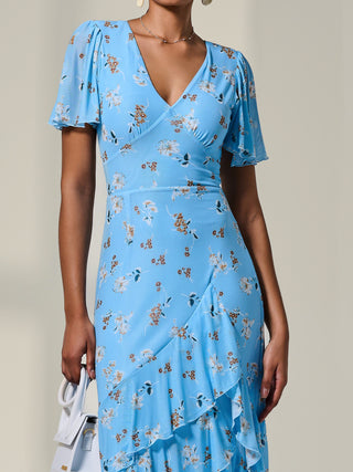 Ruffle Hem Floral Mesh Midaxi Dress, Blue Floral