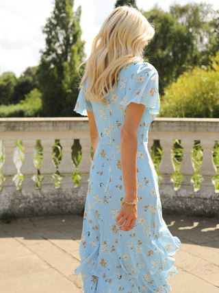 Ruffle Hem Floral Mesh Midaxi Dress, Blue Floral