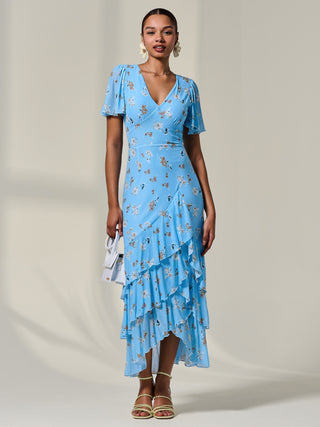 Ruffle Hem Floral Mesh Midaxi Dress, Blue Floral