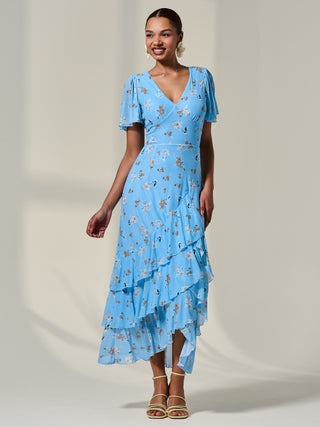 Ruffle Hem Floral Mesh Midaxi Dress, Blue Floral