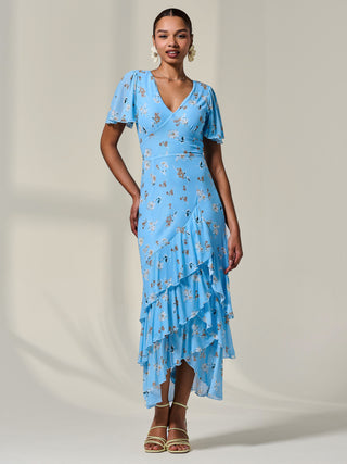 Ruffle Hem Floral Mesh Midaxi Dress, Blue Floral