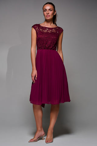 Cindy Lace Bodice Pleated Dress, Burgundy