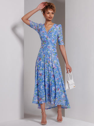 Print Dip Hem Mesh Maxi Dress, Blue Floral