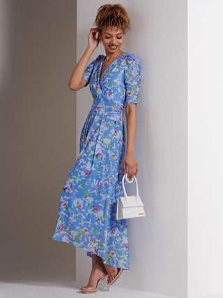 Print Dip Hem Mesh Maxi Dress, Blue Floral