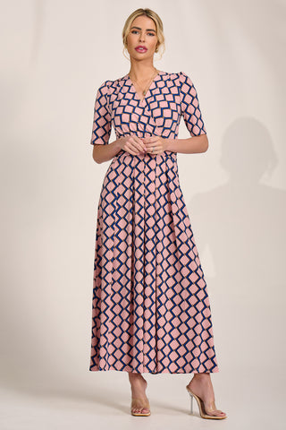 Sleeved Jersey Maxi Dress, Pink Geo