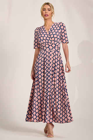 Sleeved Jersey Maxi Dress, Pink Geo