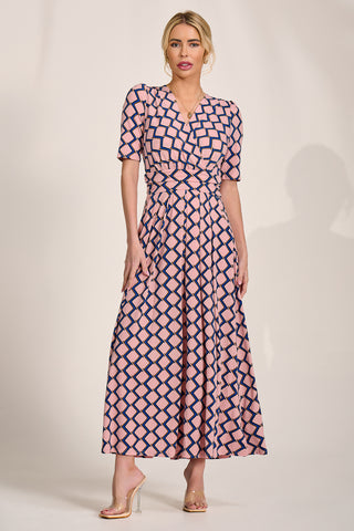 Sleeved Jersey Maxi Dress, Pink Geo