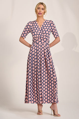 Sleeved Jersey Maxi Dress, Pink Geo