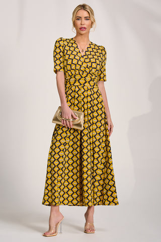 Sleeved Jersey Maxi Dress, Yellow Geo