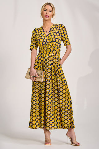 Sleeved Jersey Maxi Dress, Yellow Geo