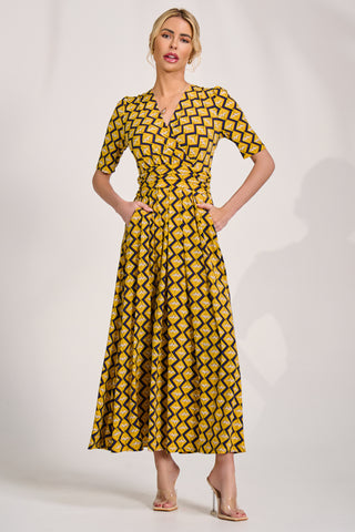 Sleeved Jersey Maxi Dress, Yellow Geo