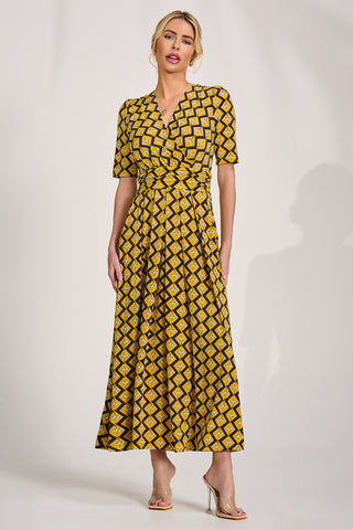 Sleeved Jersey Maxi Dress, Yellow Geo