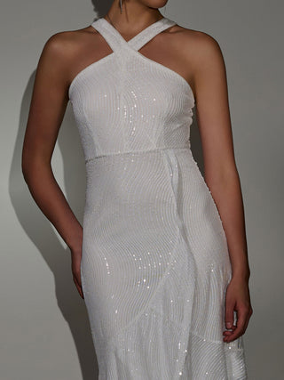 Sequin Cross Neck Frill Wrap Hem Maxi Dress White