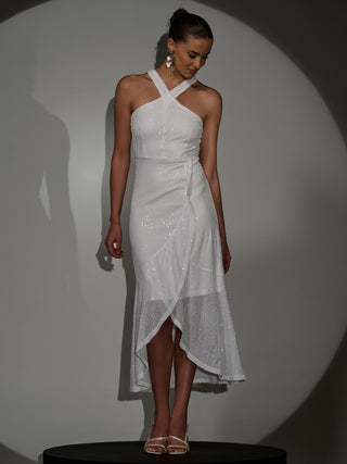 Sequin Cross Neck Frill Wrap Hem Maxi Dress White