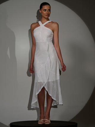 Sequin Cross Neck Frill Wrap Hem Maxi Dress White