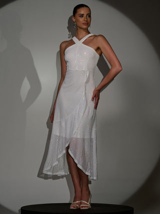 Sequin Cross Neck Frill Wrap Hem Maxi Dress White