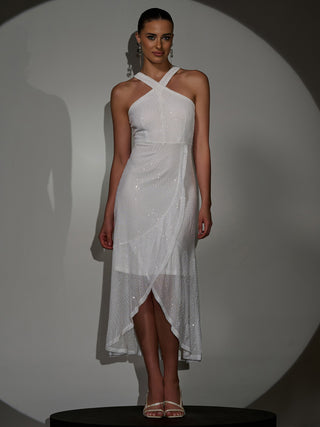 Sequin Cross Neck Frill Wrap Hem Maxi Dress White