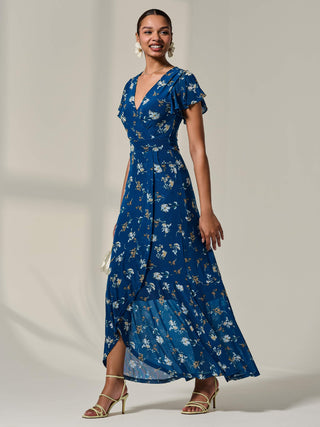 Floral Ruffle Hem Maxi Dress Teal Floral