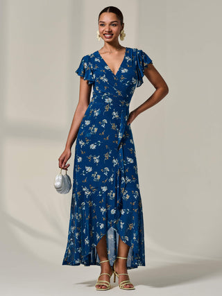 Floral Ruffle Hem Maxi Dress Teal Floral