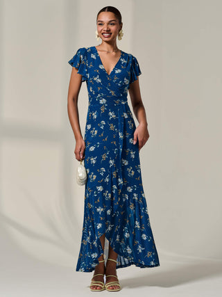 Floral Ruffle Hem Maxi Dress Teal Floral