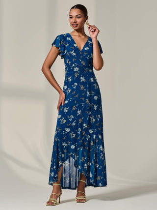 Floral Ruffle Hem Maxi Dress Teal Floral