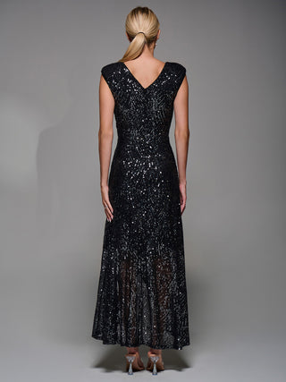 Ruffle Hem Sequin Sleeveless Maxi Dress Black Silver