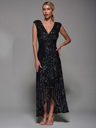 Ruffle Hem Sequin Sleeveless Maxi Dress Black Silver