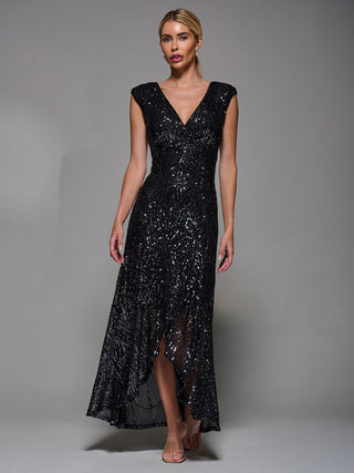 Ruffle Hem Sequin Sleeveless Maxi Dress Black Silver