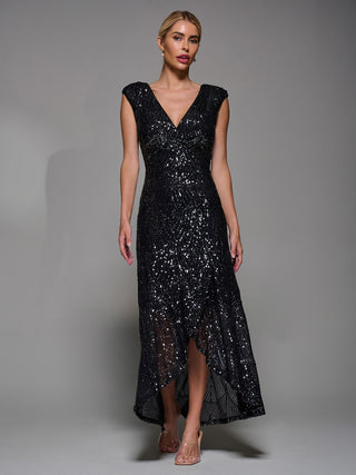 Ruffle Hem Sequin Sleeveless Maxi Dress Black Silver