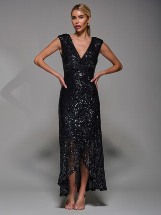 Ruffle Hem Sequin Sleeveless Maxi Dress Black Silver