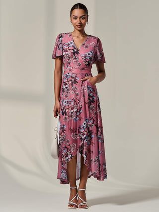 Mesh Frill Hem Maxi Dress Pink Floral