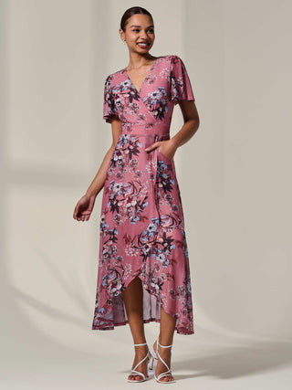 Mesh Frill Hem Maxi Dress Pink Floral