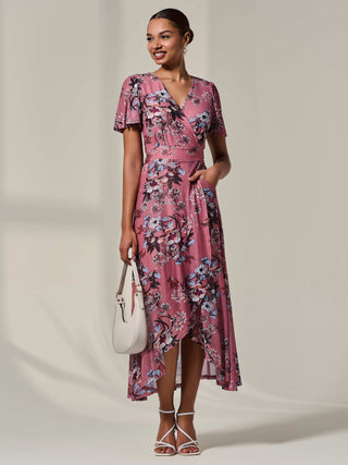 Mesh Frill Hem Maxi Dress Pink Floral