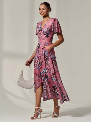 Mesh Frill Hem Maxi Dress Pink Floral